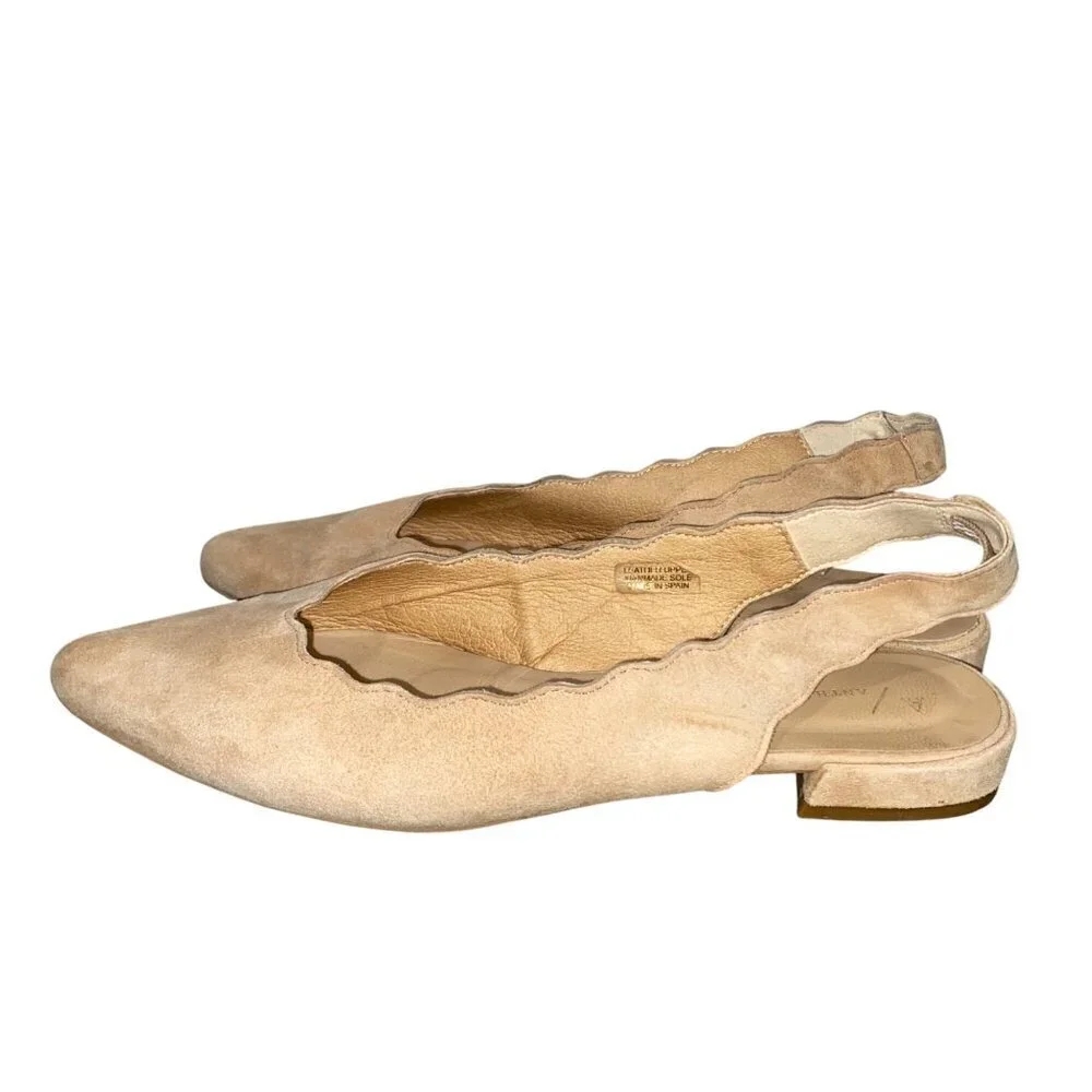 Anthropologie Beige Suede Scalloped Slingback Flats Womens Size 37 neutral